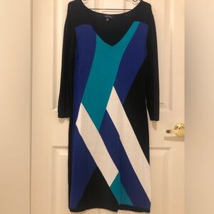 Colour Block Long Sleeve Sweater Dress in Black, Turquoise, Royal Blue